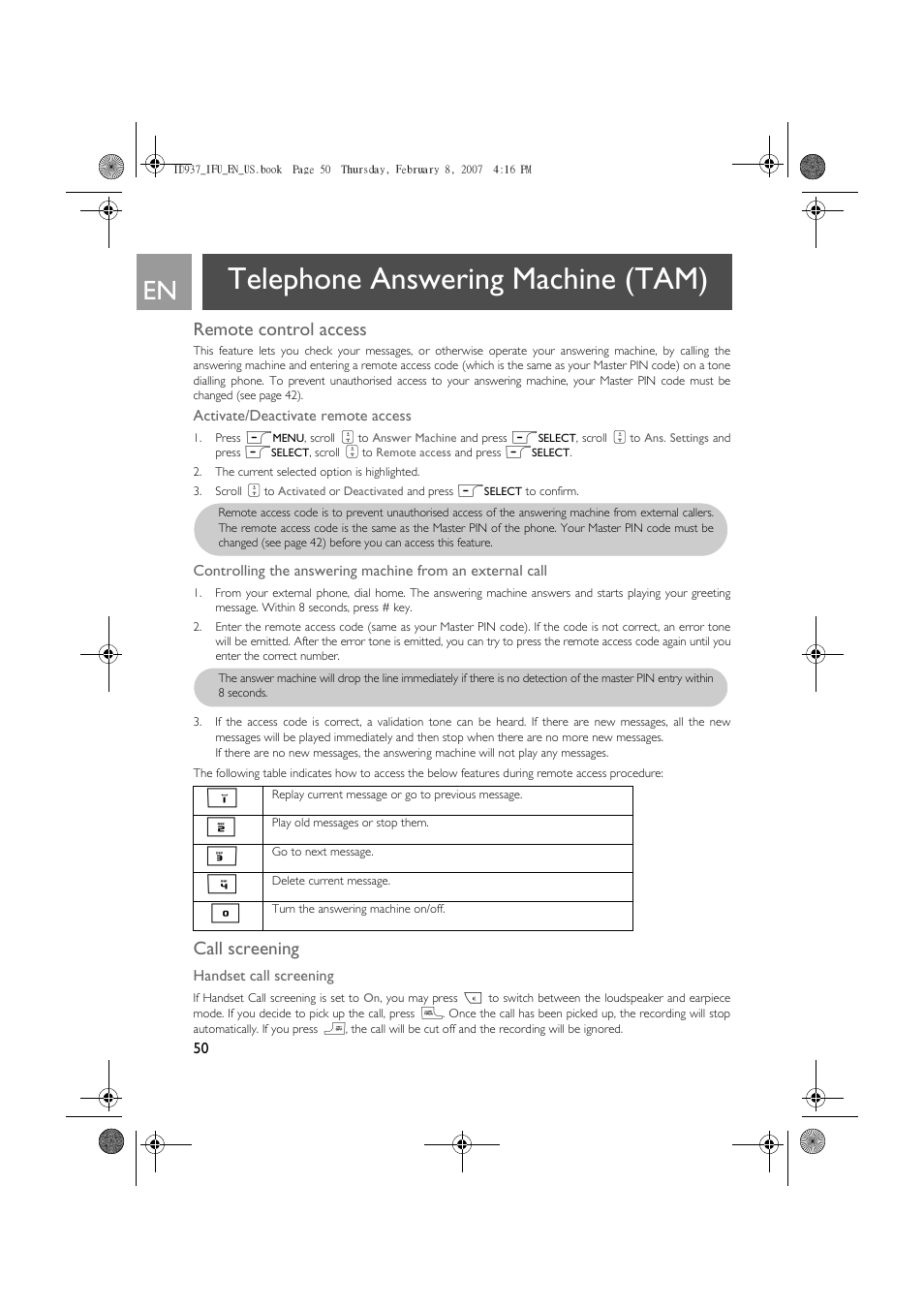 Remote control access, Call screening, Telephone answering machine (tam) | Philips ID937 User Manual | Page 50 / 58