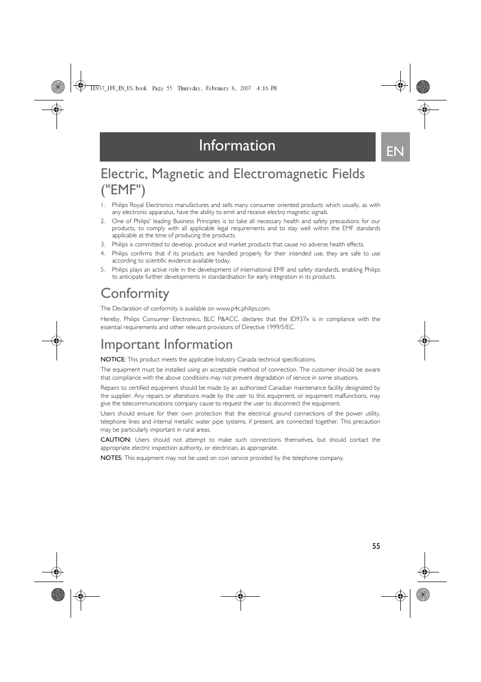 Information, Conformity, Important information | Philips ID937 User Manual | Page 55 / 58