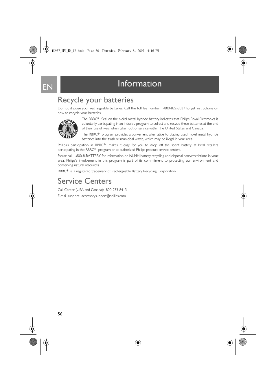 Recycle your batteries, Service centers, Information | Philips ID937 User Manual | Page 56 / 58