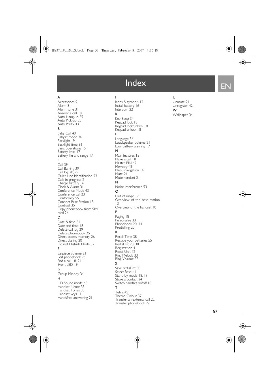 Index | Philips ID937 User Manual | Page 57 / 58