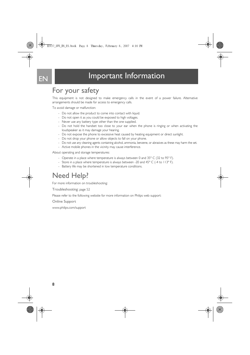 Important information, For your safety, Need help | Philips ID937 User Manual | Page 8 / 58