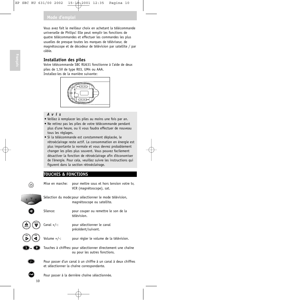 Installation des piles, Touches & fonctions, Mode d’emploi | Philips RU631/00 User Manual | Page 10 / 80