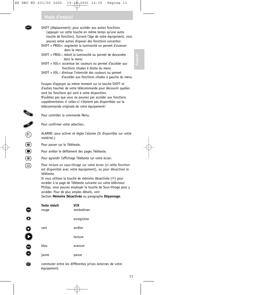 Mode d’emploi | Philips RU631/00 User Manual | Page 11 / 80