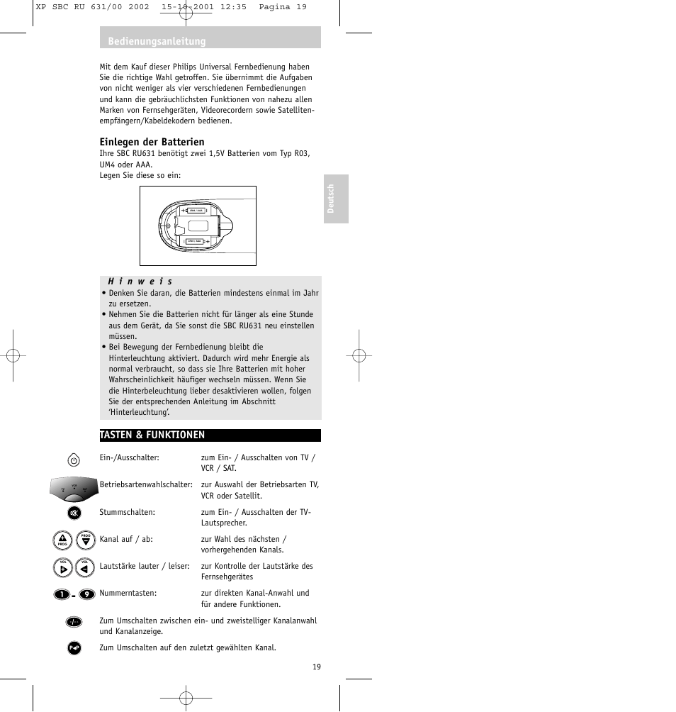 Einlegen der batterien, Tasten & funktionen, Bedienungsanleitung | Philips RU631/00 User Manual | Page 19 / 80