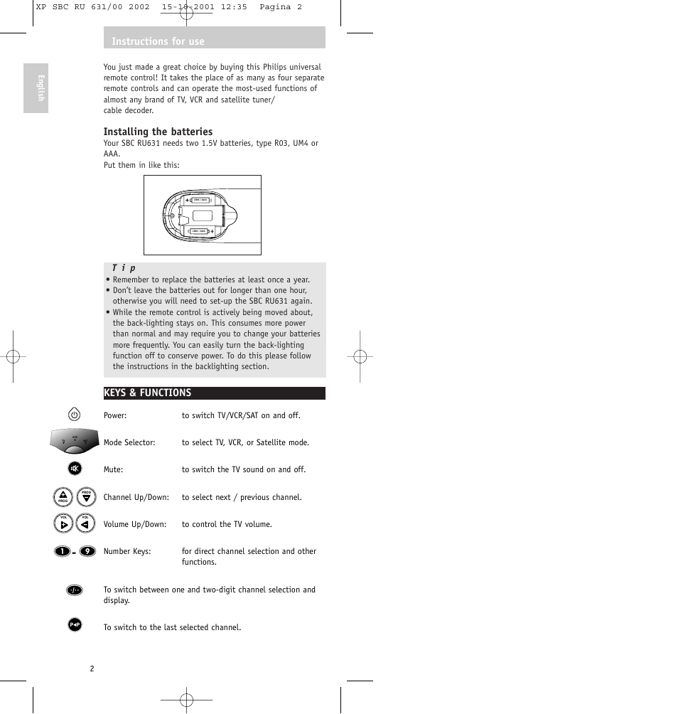 Installing the batteries, Keys & functions, Instructions for use | Philips RU631/00 User Manual | Page 2 / 80
