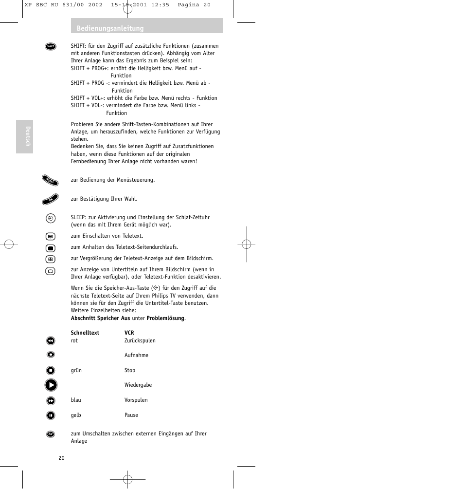 Bedienungsanleitung | Philips RU631/00 User Manual | Page 20 / 80