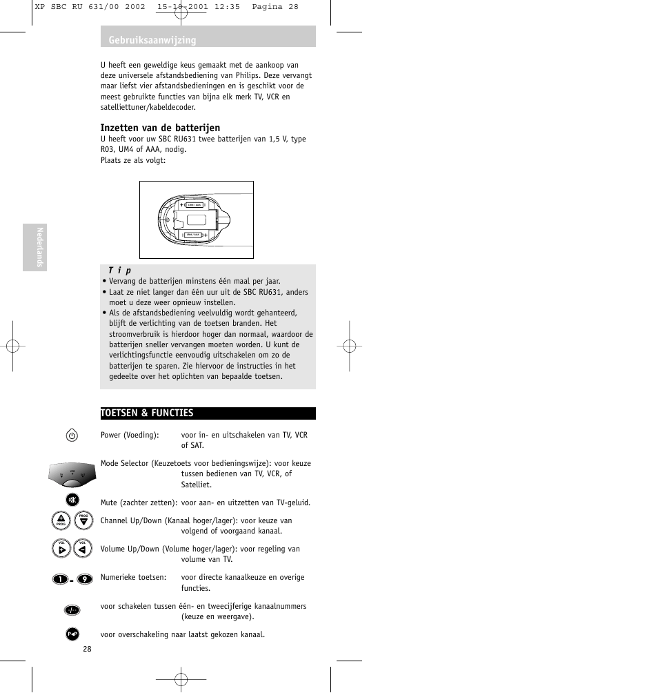 Inzetten van de batterijen, Toetsen & functies, Gebruiksaanwijzing | Philips RU631/00 User Manual | Page 28 / 80