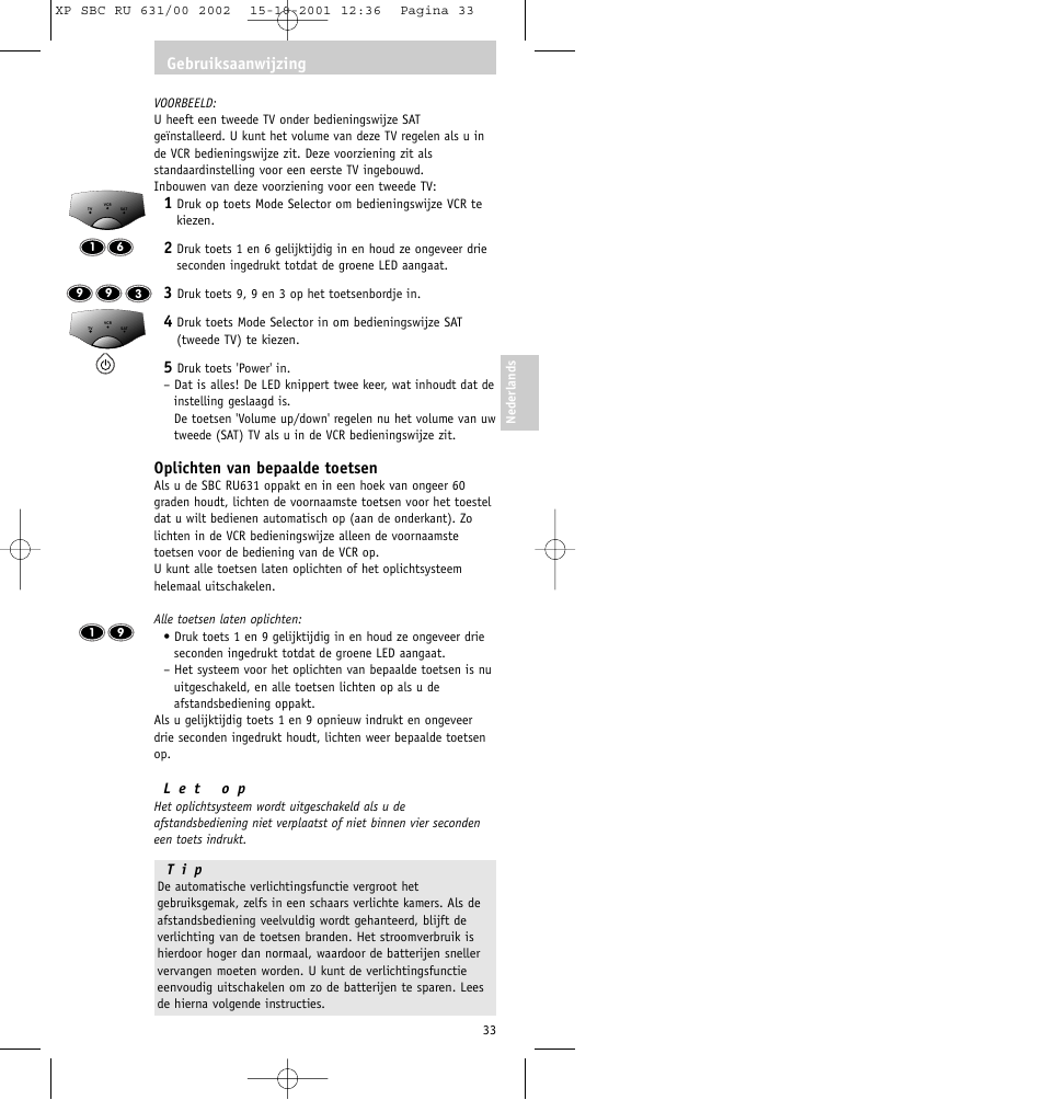 Oplichten van bepaalde toetsen, Gebruiksaanwijzing | Philips RU631/00 User Manual | Page 33 / 80