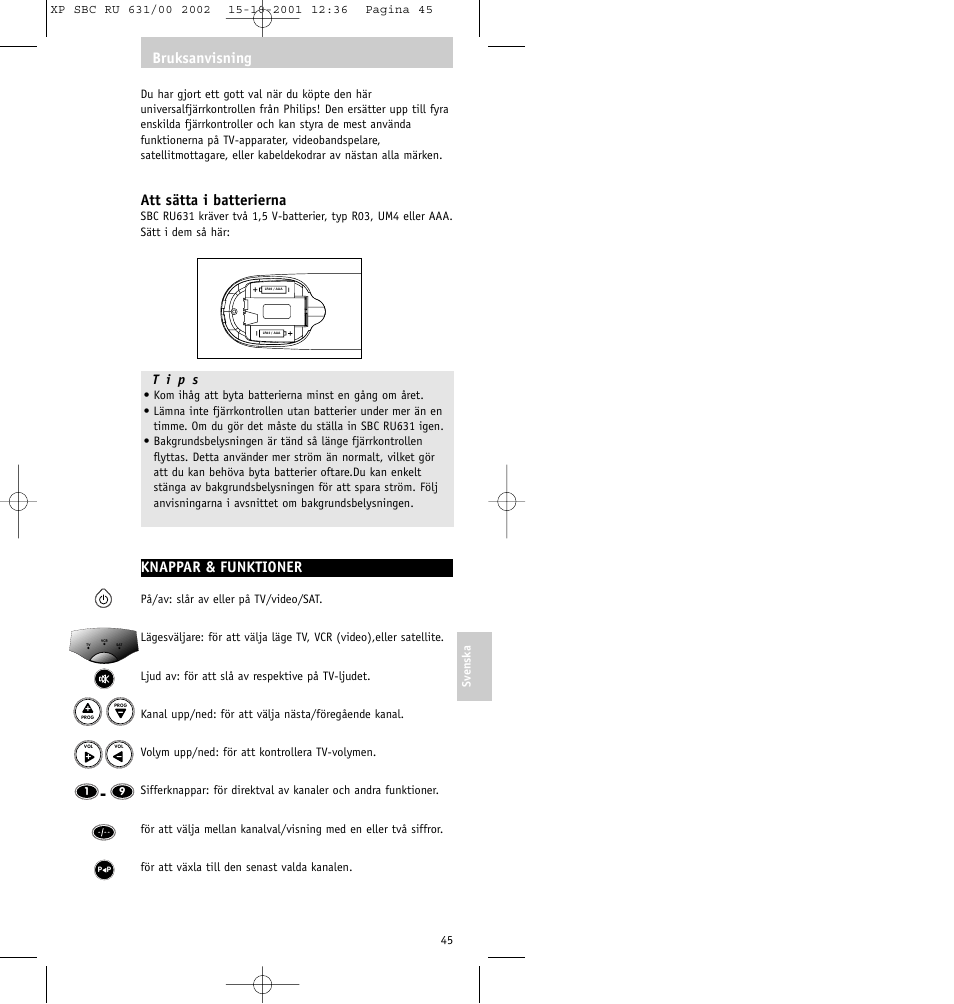 Att sätta i batterierna, Knappar & funktioner, Bruksanvisning | Philips RU631/00 User Manual | Page 45 / 80