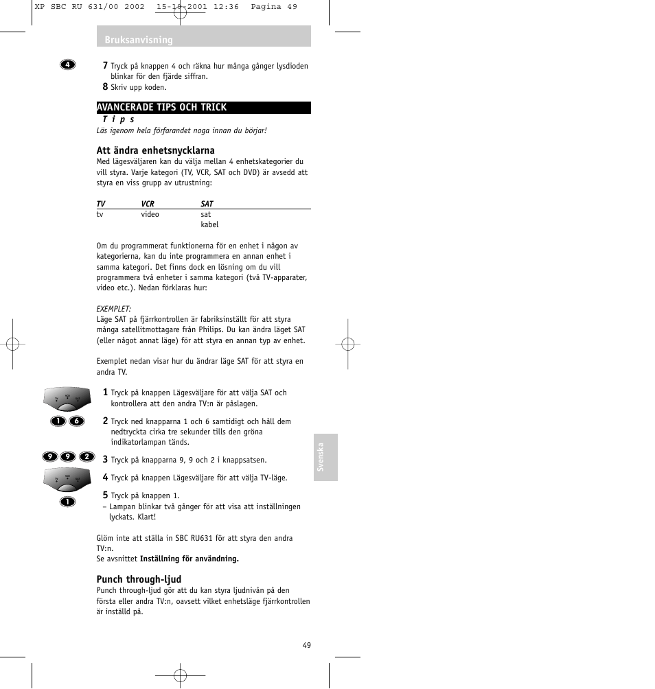 Avancerade tips och trick, Att ändra enhetsnycklarna, Punch through-ljud | Bruksanvisning | Philips RU631/00 User Manual | Page 49 / 80