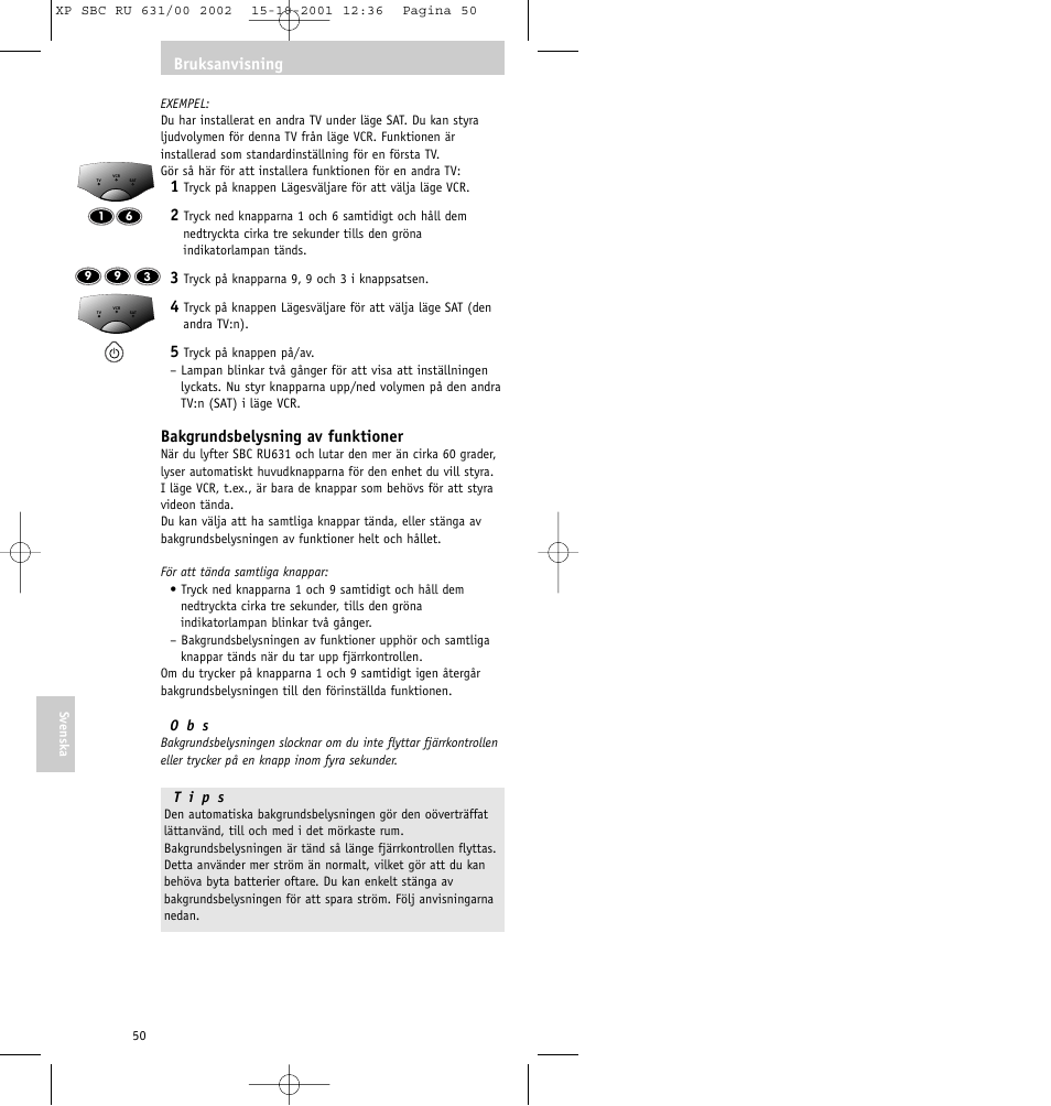 Bakgrundsbelysning av funktioner, Bruksanvisning | Philips RU631/00 User Manual | Page 50 / 80