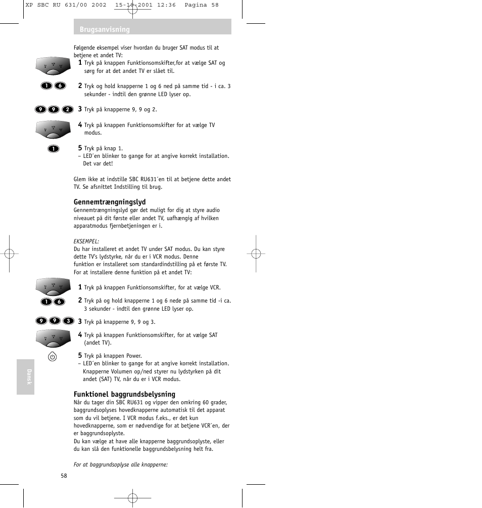 Gennemtrængningslyd, Funktionel baggrundsbelysning, Brugsanvisning | Philips RU631/00 User Manual | Page 58 / 80