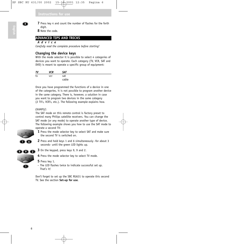 Advanced tips and tricks, Changing the device keys, Instructions for use | Philips RU631/00 User Manual | Page 6 / 80