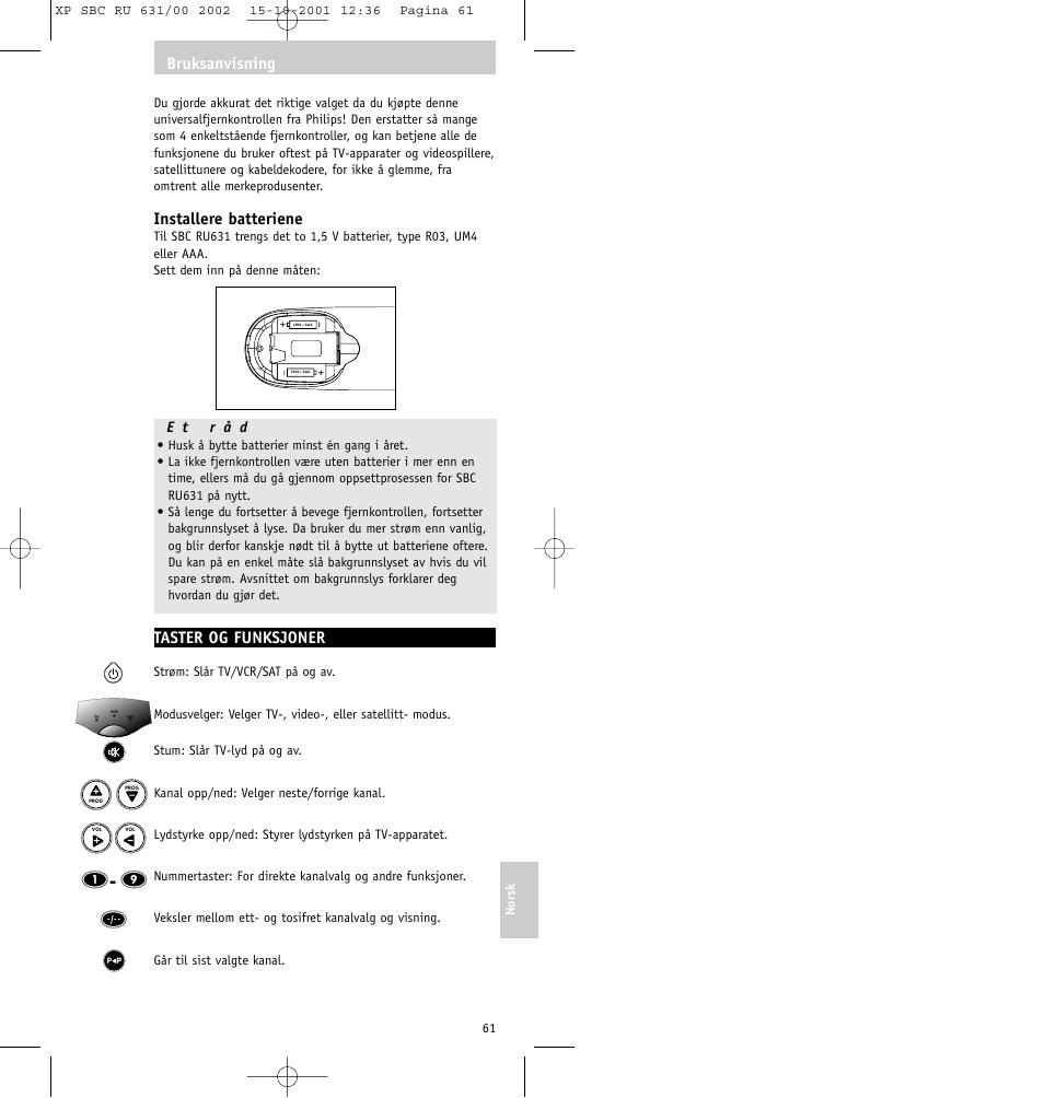 Installere batteriene, Taster og funksjoner, Bruksanvisning | Philips RU631/00 User Manual | Page 61 / 80