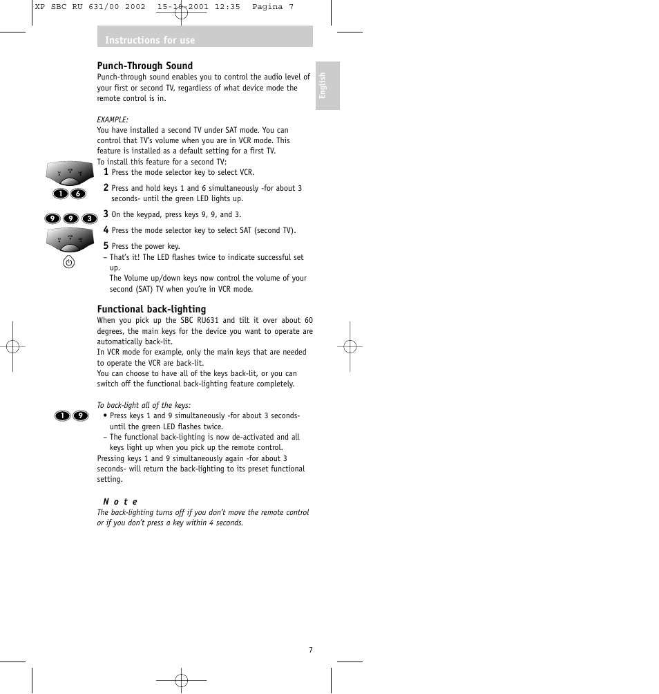 Punch-through sound, Functional back-lighting, Instructions for use | Philips RU631/00 User Manual | Page 7 / 80