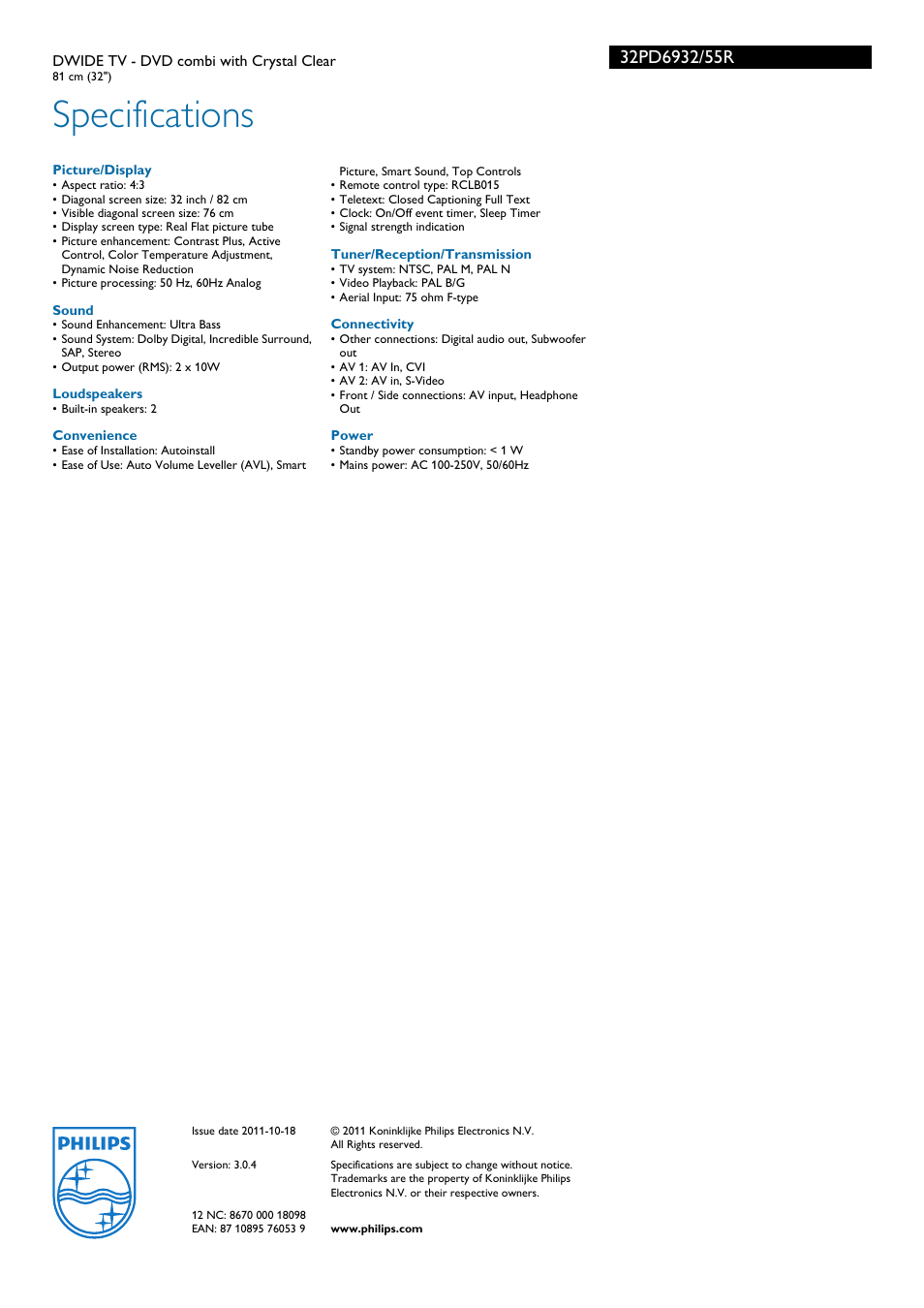 Specifications | Philips 32PD6932 User Manual | Page 3 / 3