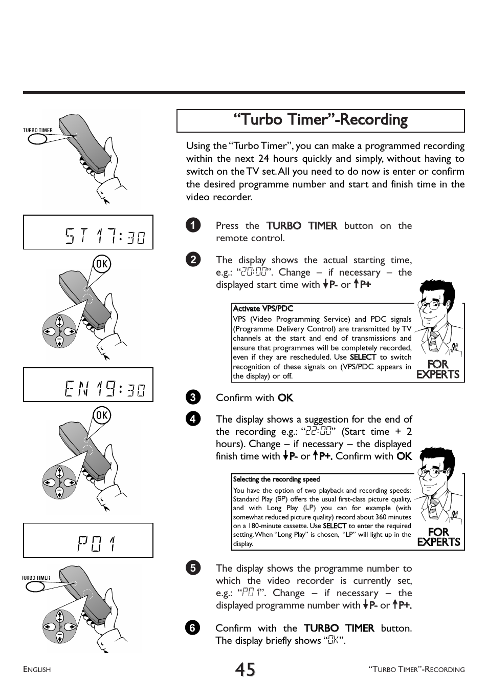 P 0 1 s t 1 7, E n 1 9, Ttuurrbboo ttiim meerr--rreeccoorrddiinngg | Philips VR 766/07 User Manual | Page 45 / 64