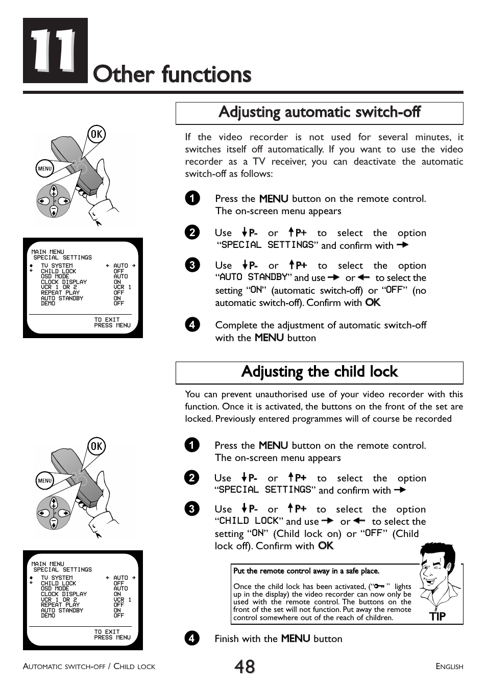 Other, Functions, Ootthheerr ffuunnccttiioonnss | Aaddjjuussttiinngg tthhee cchhiilldd lloocckk | Philips VR 766/07 User Manual | Page 48 / 64