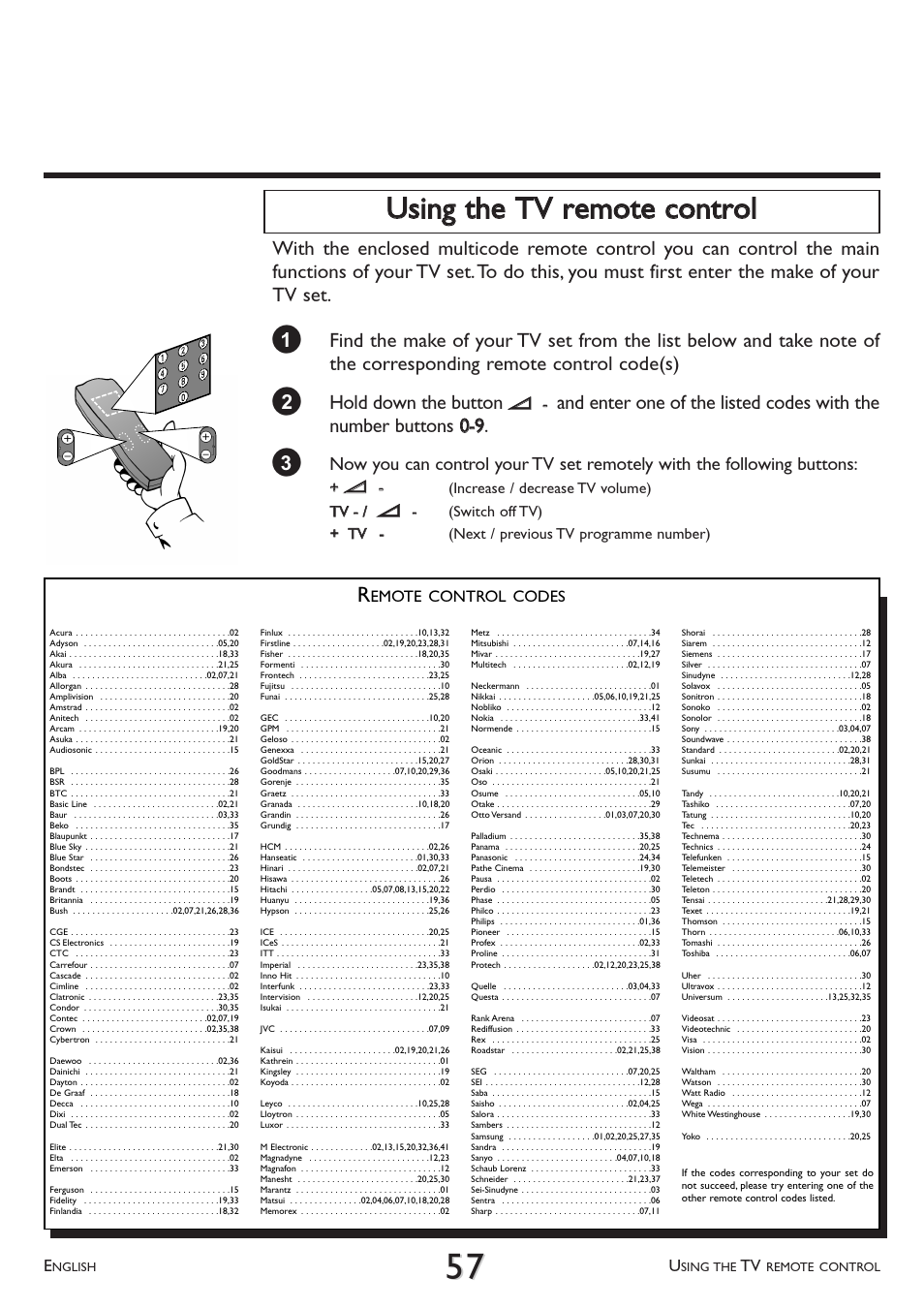 2 hold down the button, Emote control codes | Philips VR 766/07 User Manual | Page 57 / 64