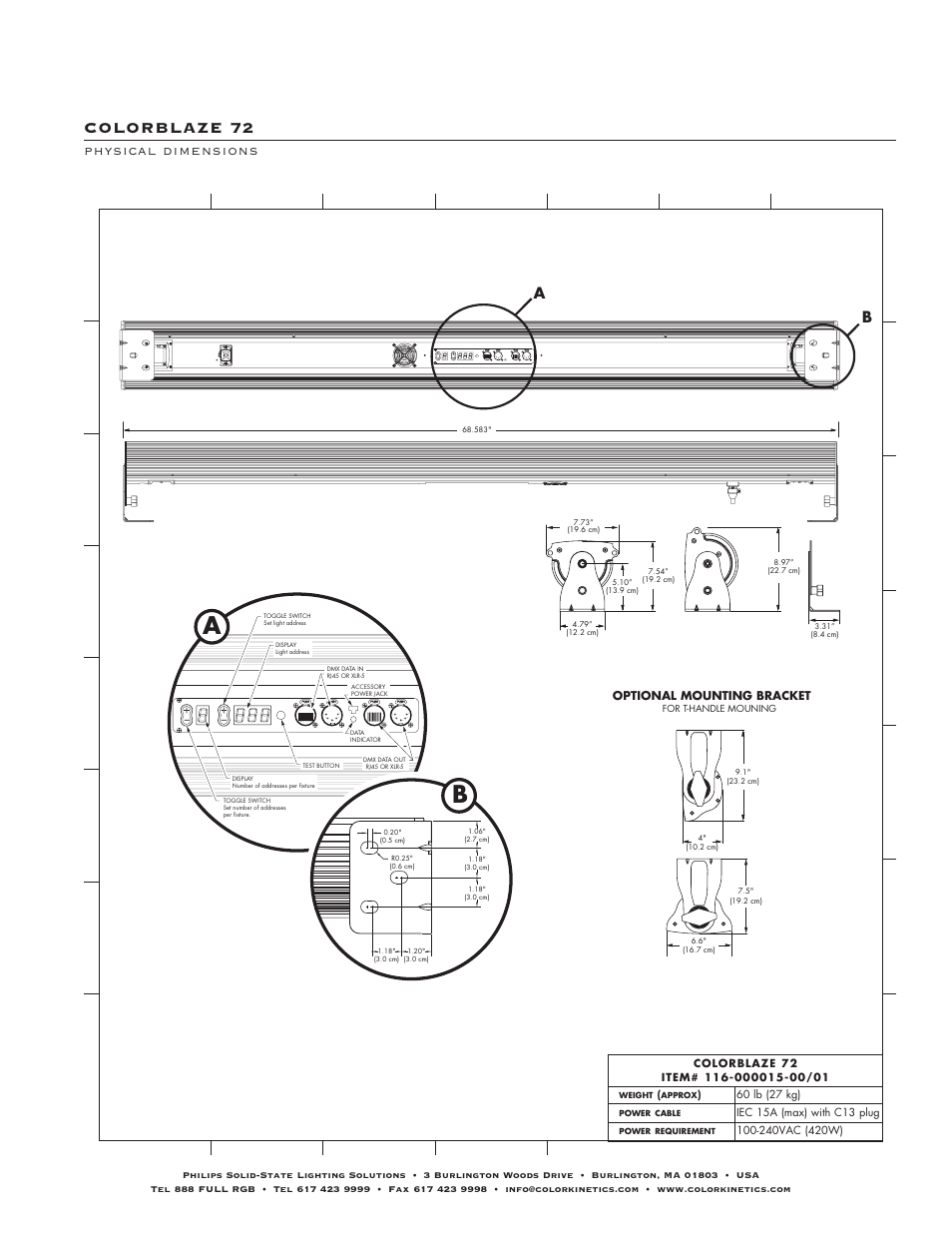 Colorblaze 72, Physical dimensions | Philips COLORBLAZE 72 User Manual | Page 3 / 4
