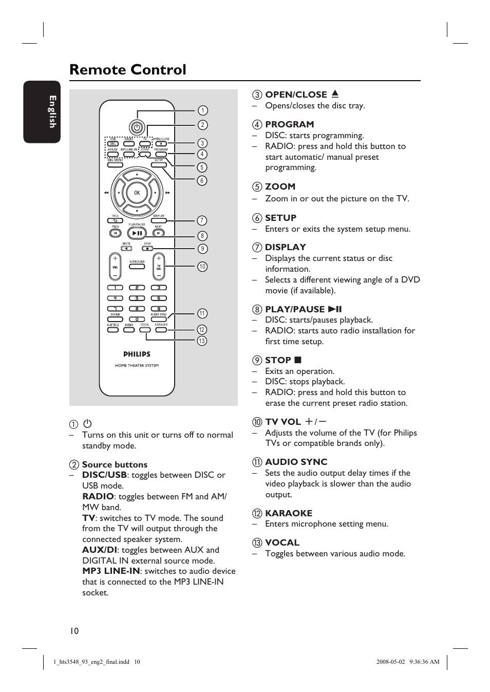 Remote control | Philips HTS3548 User Manual | Page 10 / 53