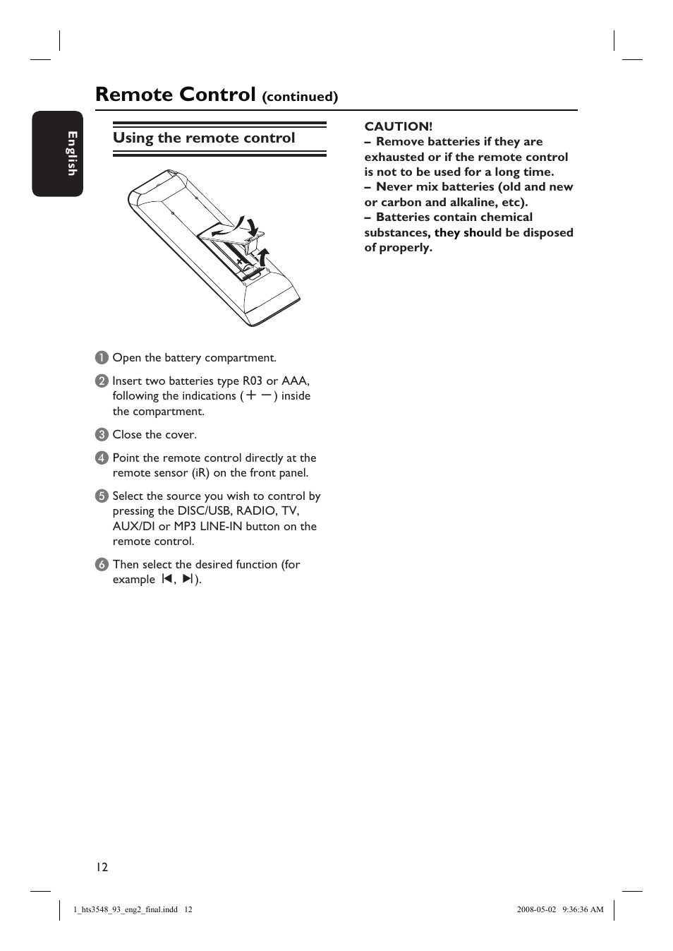Remote control, Using the remote control | Philips HTS3548 User Manual | Page 12 / 53