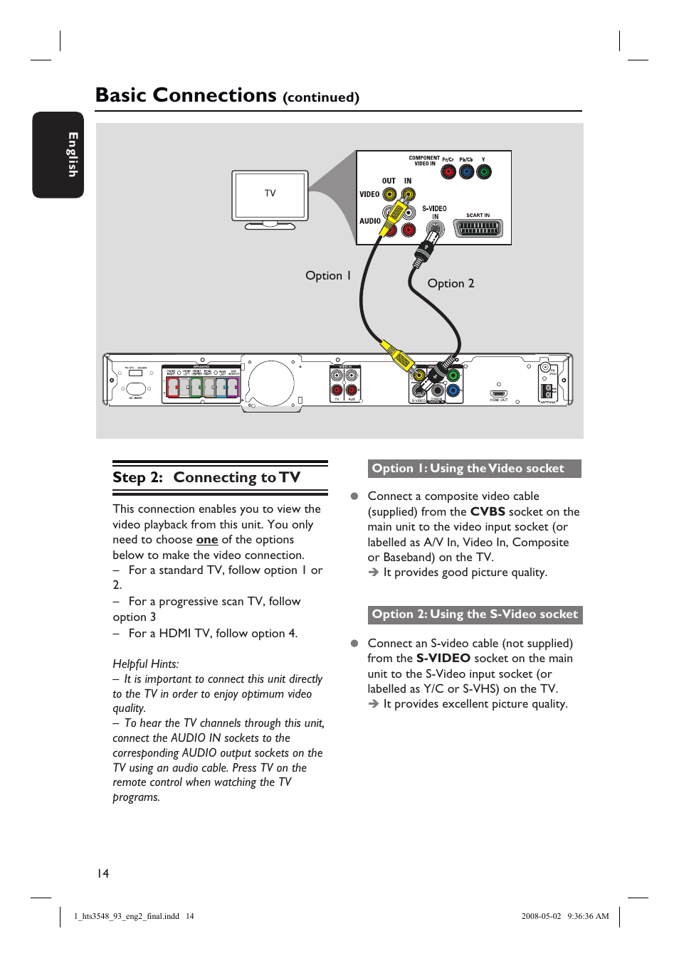 Basic connections, Step 2: connecting to tv | Philips HTS3548 User Manual | Page 14 / 53