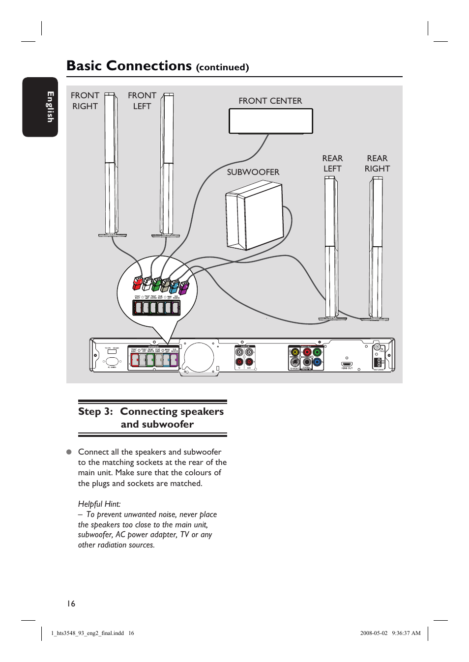 Basic connections, Step 3: connecting speakers and subwoofer | Philips HTS3548 User Manual | Page 16 / 53