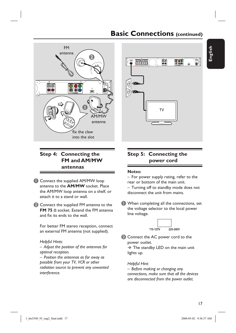Basic connections, Step 4: connecting the fm and am/mw antennas, Step 5: connecting the power cord | Philips HTS3548 User Manual | Page 17 / 53