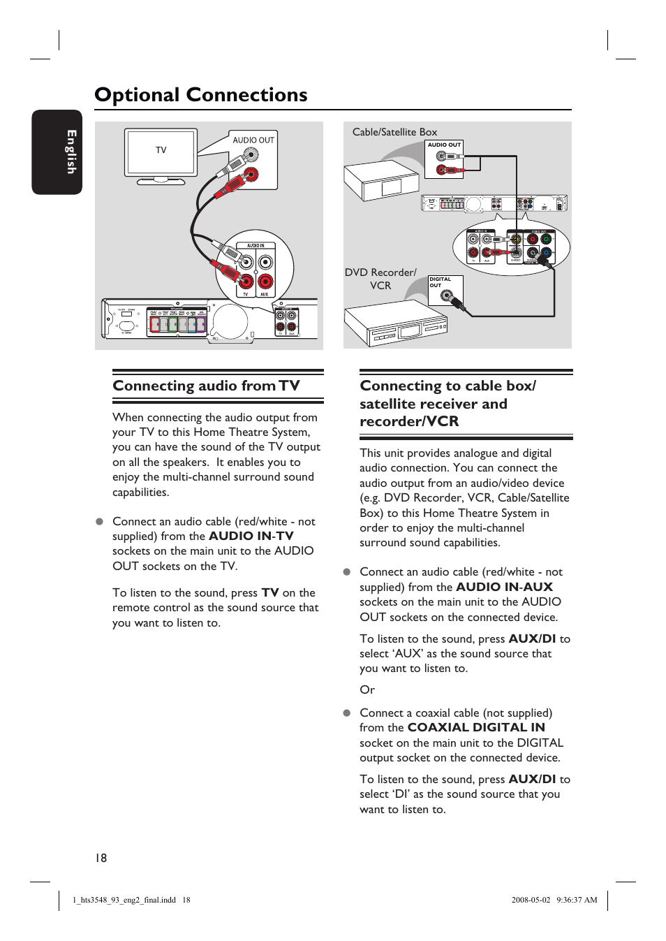 Optional connections, Connecting audio from tv | Philips HTS3548 User Manual | Page 18 / 53