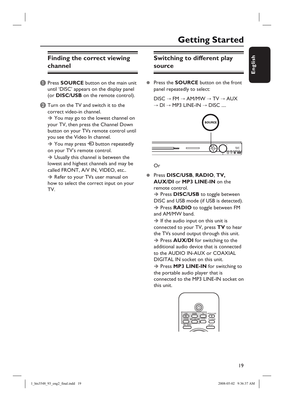Getting started, Finding the correct viewing channel, Switching to different play source | Philips HTS3548 User Manual | Page 19 / 53