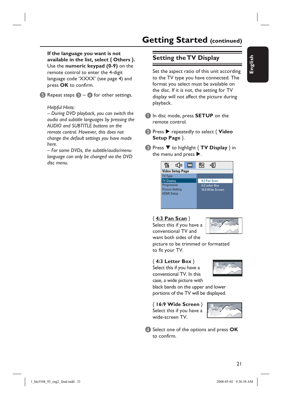 Getting started, Setting the tv display | Philips HTS3548 User Manual | Page 21 / 53