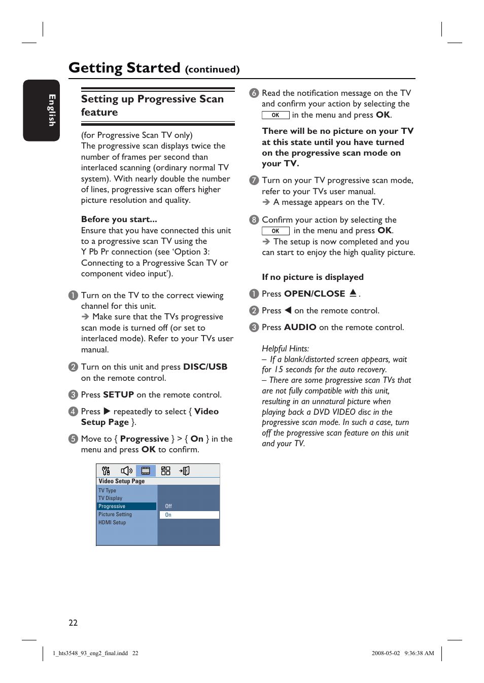 Getting started, Setting up progressive scan feature | Philips HTS3548 User Manual | Page 22 / 53