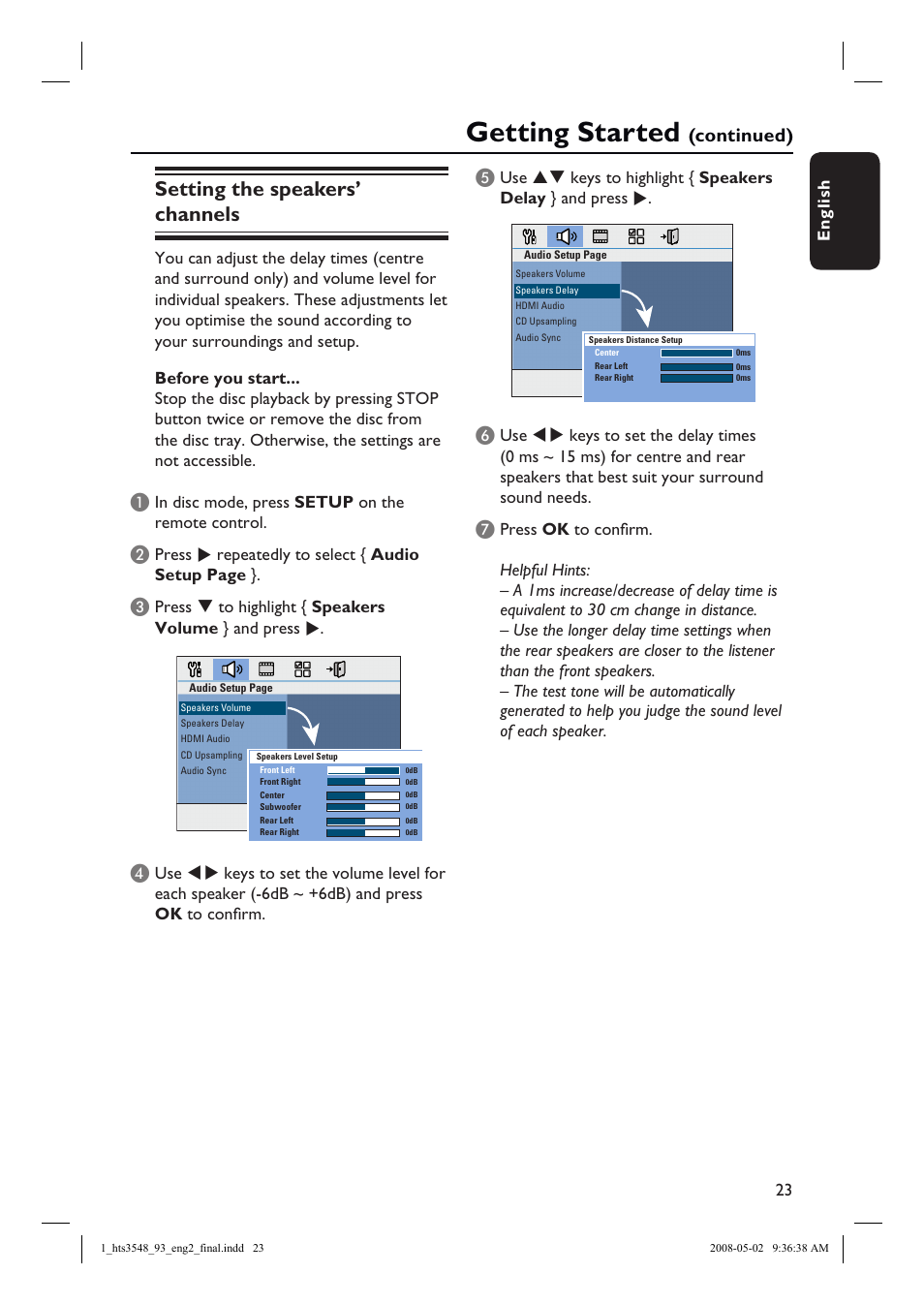 Getting started, Setting the speakers’ channels, Continued) | Philips HTS3548 User Manual | Page 23 / 53