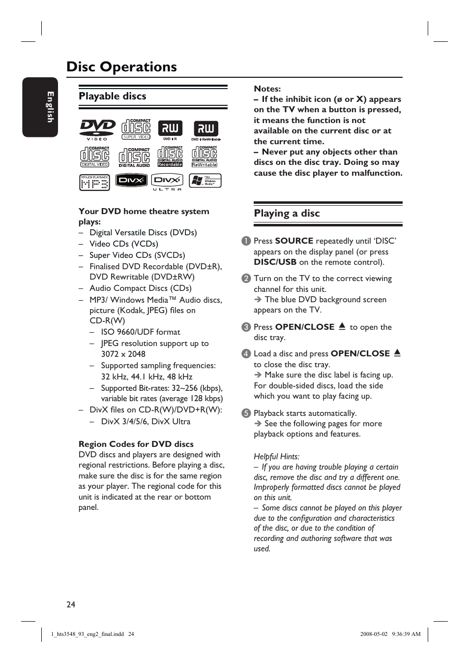 Disc operations, Playable discs, Playing a disc | Philips HTS3548 User Manual | Page 24 / 53