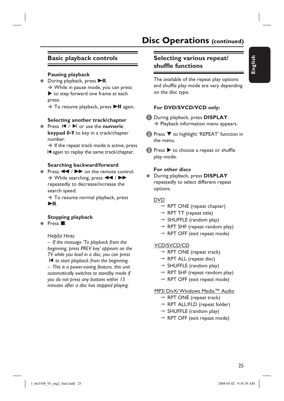 Disc operations, Basic playback controls, Selecting various repeat/ shuffl e functions | Philips HTS3548 User Manual | Page 25 / 53