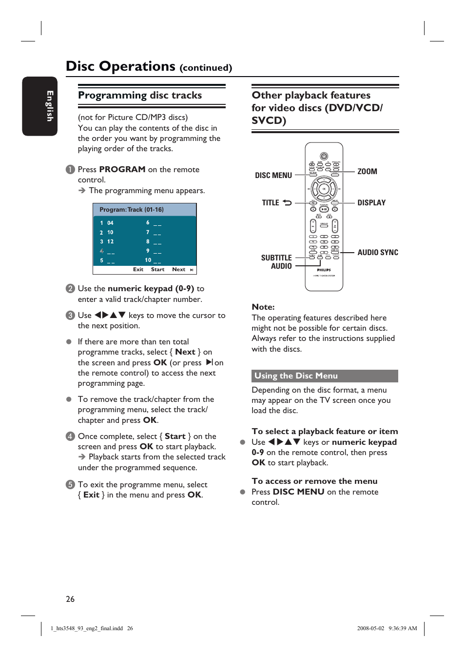 Disc operations, Programming disc tracks | Philips HTS3548 User Manual | Page 26 / 53