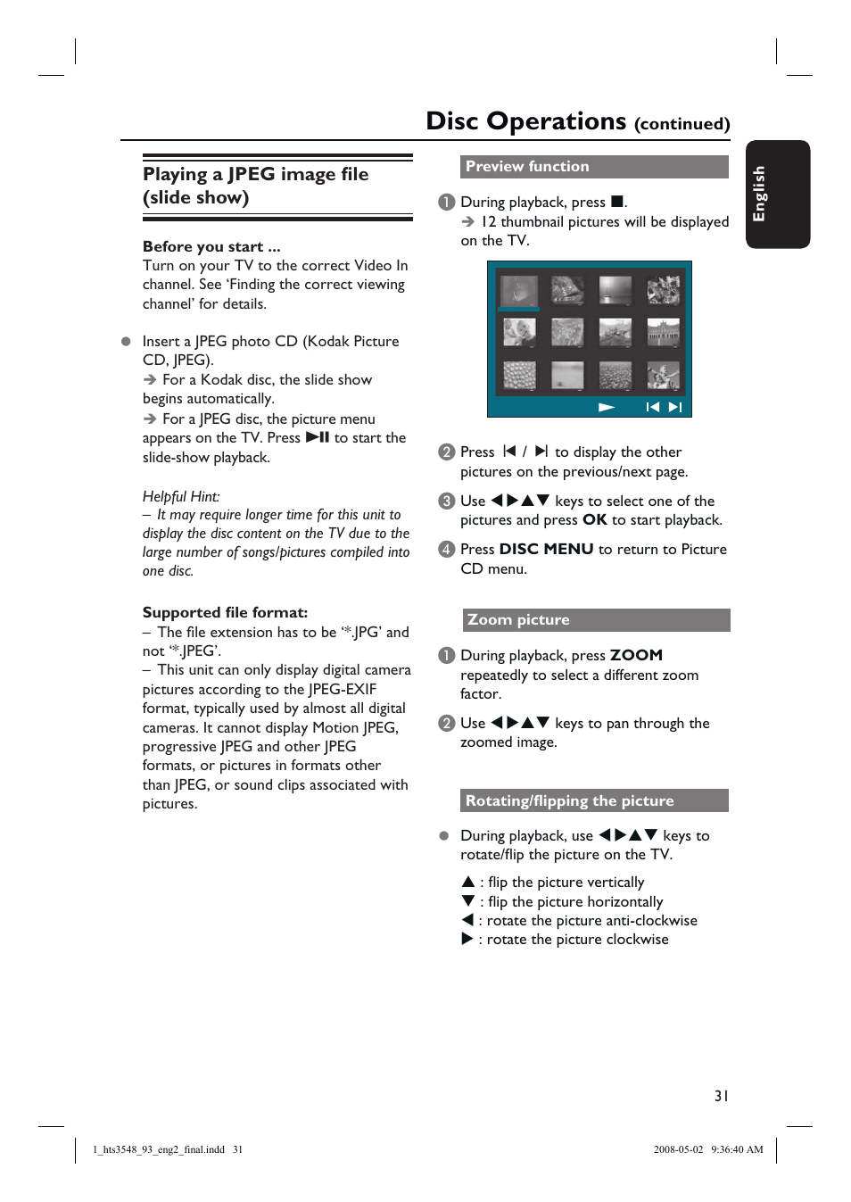 Disc operations, Playing a jpeg image fi le (slide show) | Philips HTS3548 User Manual | Page 31 / 53