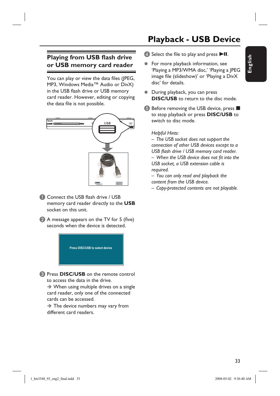 Playback - usb device | Philips HTS3548 User Manual | Page 33 / 53