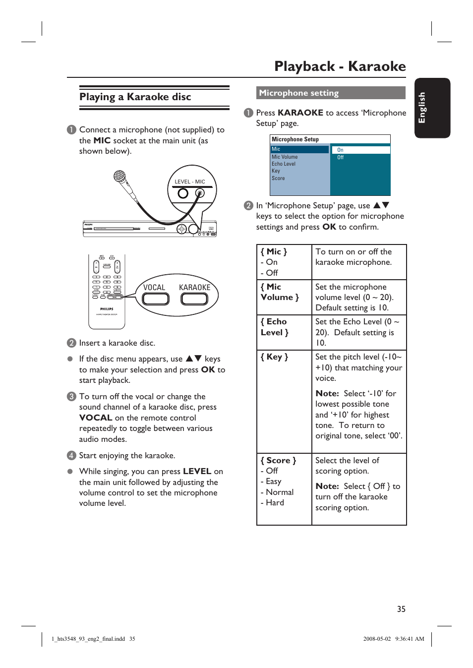 Playback - karaoke, Playing a karaoke disc | Philips HTS3548 User Manual | Page 35 / 53