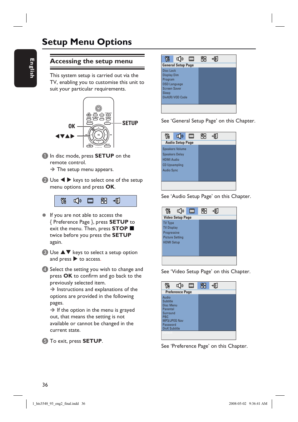 Setup menu options, Accessing the setup menu | Philips HTS3548 User Manual | Page 36 / 53