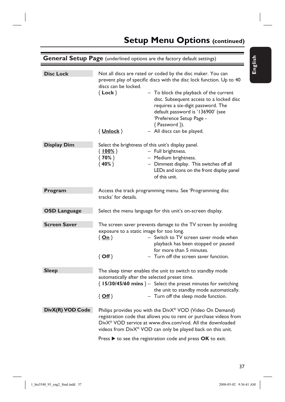 Setup menu options, General setup page | Philips HTS3548 User Manual | Page 37 / 53