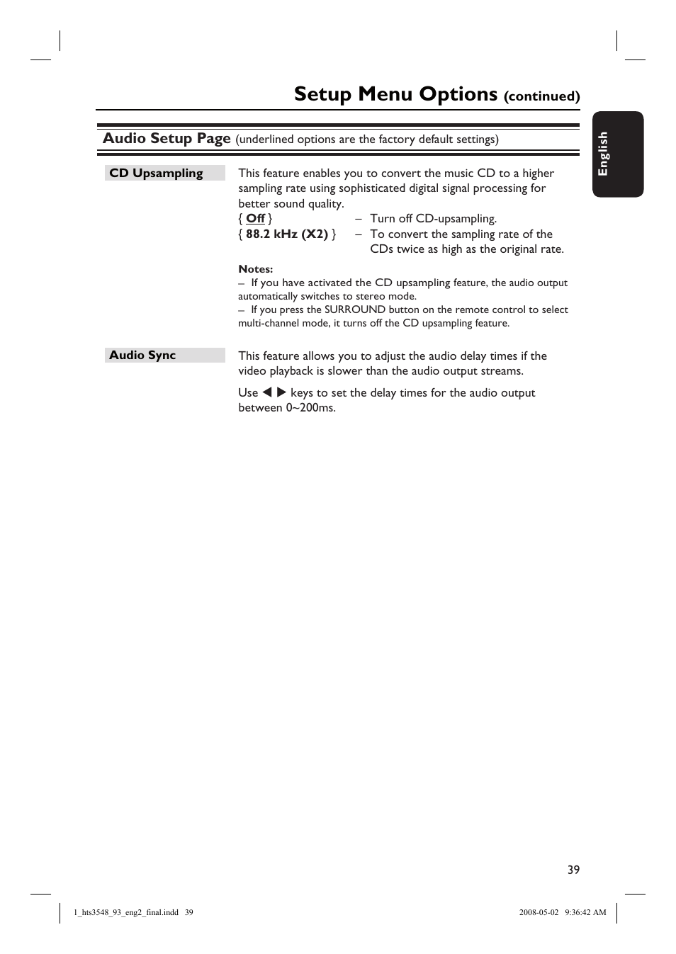 Setup menu options, Audio setup page | Philips HTS3548 User Manual | Page 39 / 53