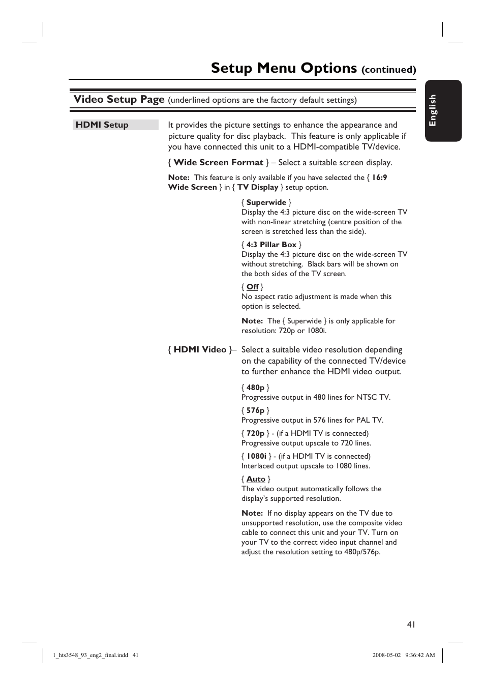 Setup menu options, Video setup page | Philips HTS3548 User Manual | Page 41 / 53