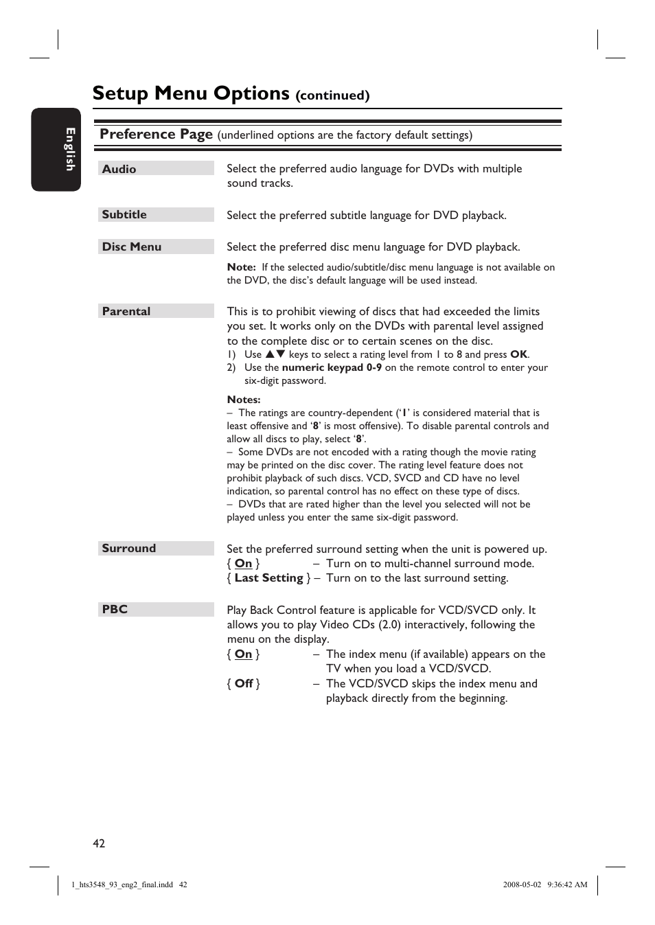 Setup menu options, Preference page | Philips HTS3548 User Manual | Page 42 / 53