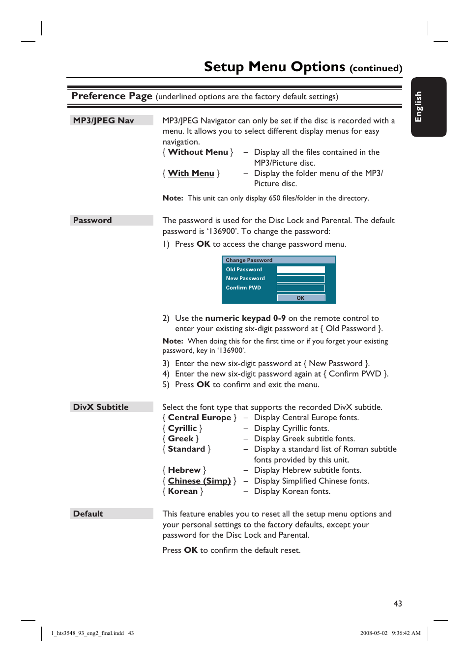 Setup menu options, Preference page | Philips HTS3548 User Manual | Page 43 / 53