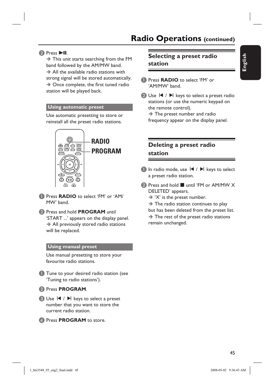 Radio operations, Radio program, Selecting a preset radio station | Deleting a preset radio station | Philips HTS3548 User Manual | Page 45 / 53