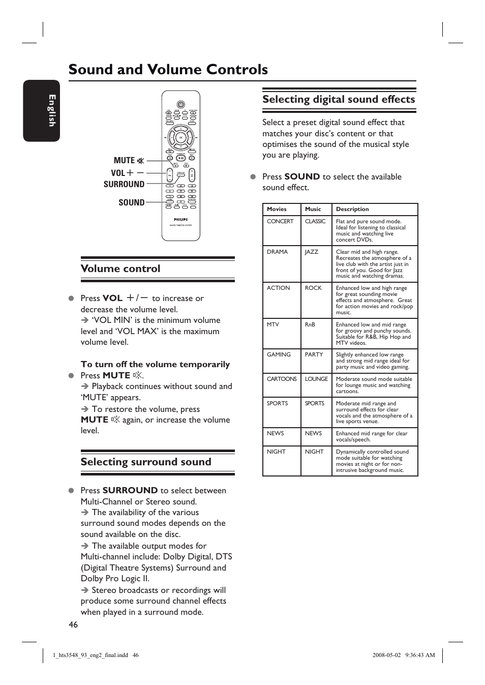 Sound and volume controls, Volume control, Selecting surround sound | Selecting digital sound effects | Philips HTS3548 User Manual | Page 46 / 53