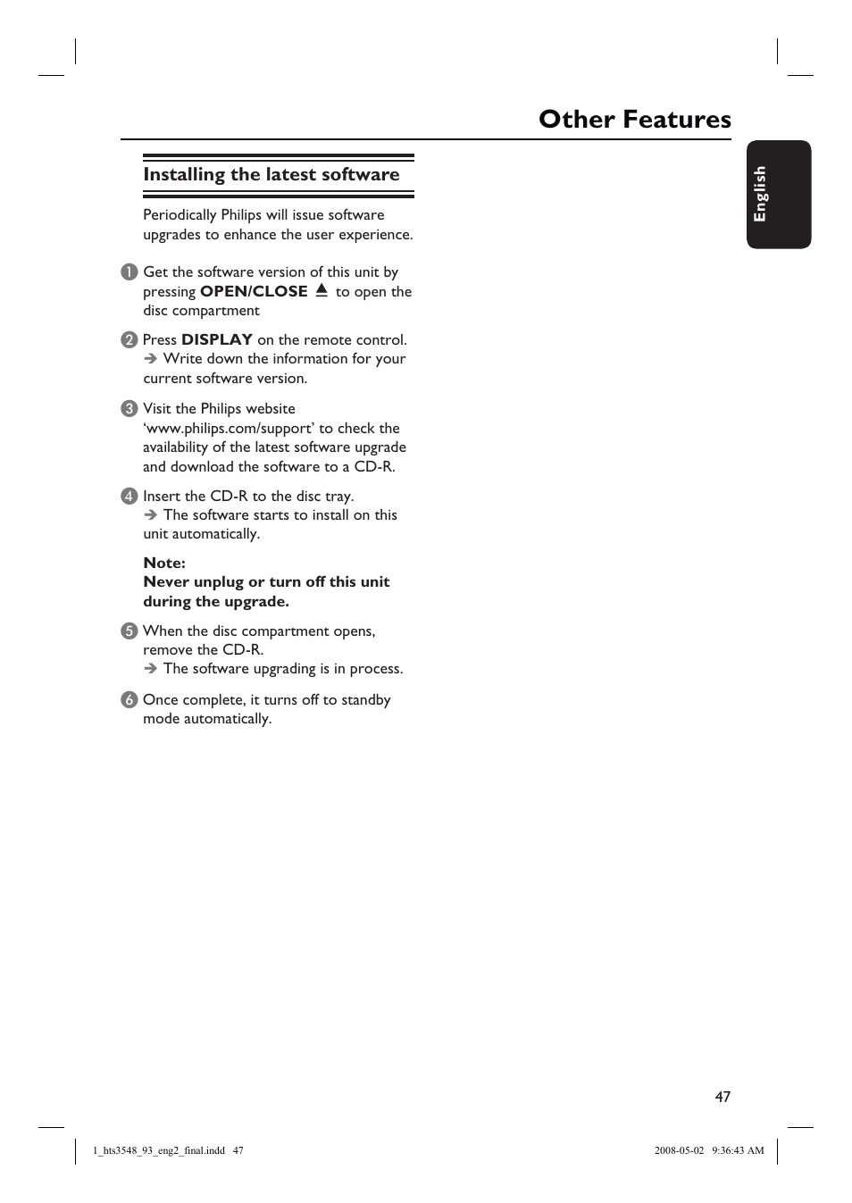 Other features, Installing the latest software | Philips HTS3548 User Manual | Page 47 / 53