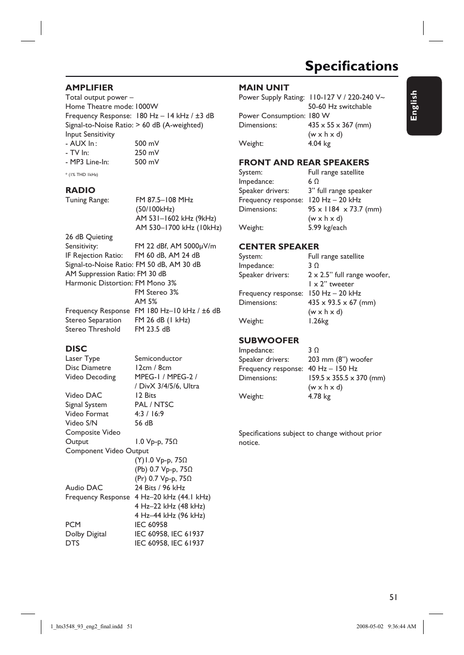 Specifi cations | Philips HTS3548 User Manual | Page 51 / 53